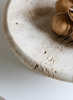 样板房北欧e侘寂风极简黄洞石装饰果盘客厅茶几高脚置物盘托盘