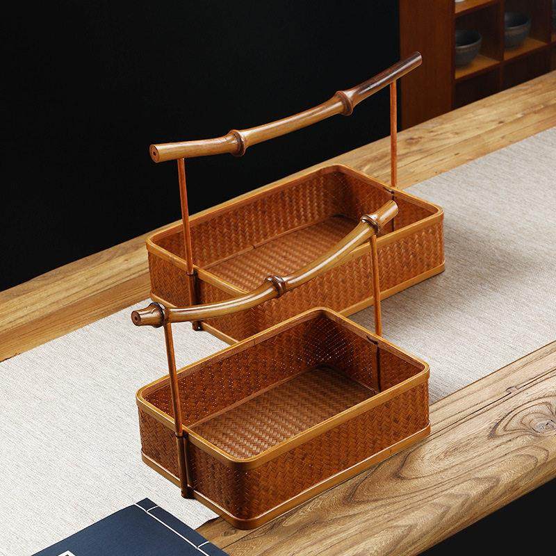 手工竹编大漆提篮中式覆古茶具收纳筐家用圆形水果篮点心篮整理筐,淘宝优惠券,粉丝福利购,淘宝优惠卷