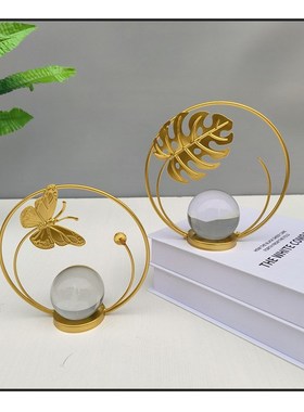 北欧金色银杏龟背叶金属水晶球桌面酒柜玄关树叶装饰工艺品摆件