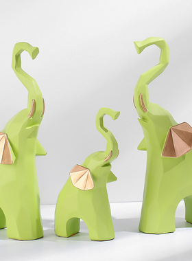 北欧马卡龙创意几何三口象摆件电视柜客厅办公室树脂大象小装饰品