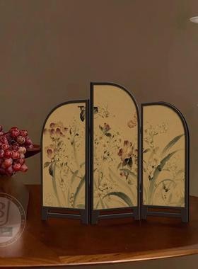 中古风花鸟小屏风桌面摆件新中式茶室饭厅布置高级感折叠装饰画