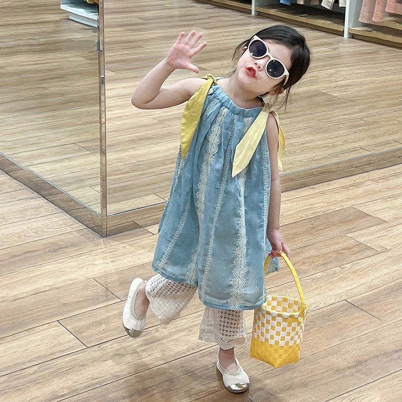 水蓝夏日刺绣连衣裙蕾丝微喇叭裤女童儿童夏款童装套装清新吊带裙