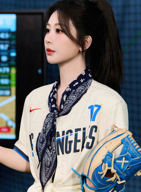 杨紫同款蓝色腰果花丝巾女美式复古小众多功能头巾时尚百搭绑发带