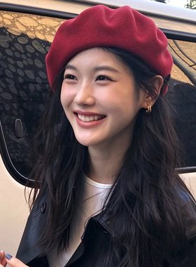 秋冬复古红色羊毛呢贝雷帽女法式英伦大头围显脸小画家帽文艺帽子