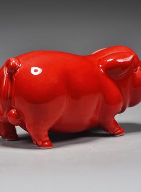 红色陶瓷小猪摆件陶瓷十二生肖陶瓷猪木质猪吉祥物陶瓷装饰工艺礼