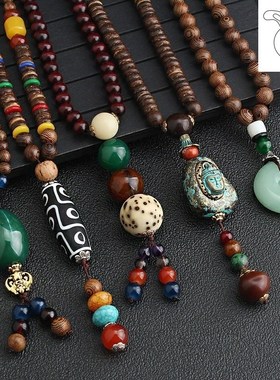 简约百搭民族风毛衣链长款佛珠项链男女复古高档木质棉麻配饰挂件