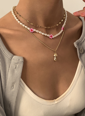 椭圆珍珠花朵米珠套装项链女夏设计感2022新款小众蘑菇吊坠锁骨链