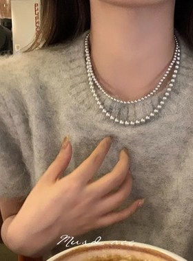 真多麻银灰色珍珠项链女经典轻奢法式高级感锁骨链颈链夏天清冷感