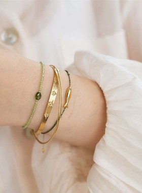 清新橄榄绿色闪亮锆石串珠法式小众设计夏日叠戴混搭简约弹力手链