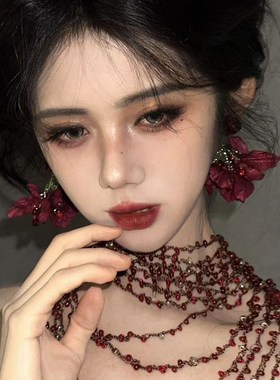 多层串珠项链复古夸张酒红色玫瑰耳环女小众礼服拍照气质花朵耳饰