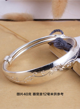 手工银手镯 999纯银 女 经典 复古银镯子 刻花雕花 扁镯 伸缩推拉