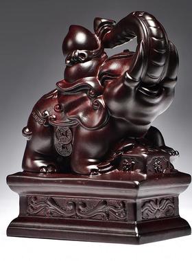 黑檀木雕大象摆件一对葫芦如意实木象家居客厅装饰工艺品乔迁送礼