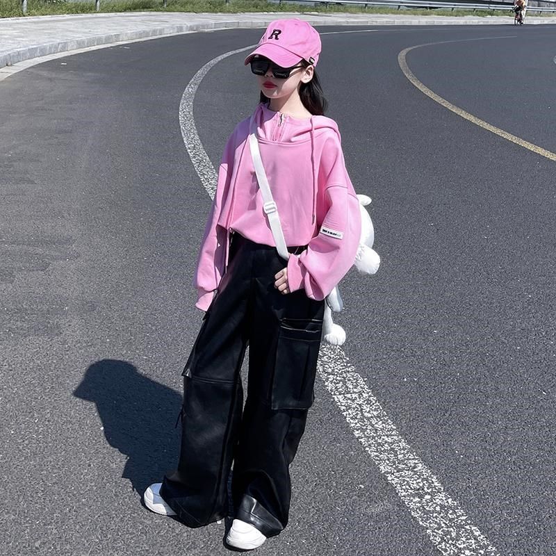 女童装美式高街秋冬女孩粉色短款连帽卫衣黑色皮裤工装裤两件套潮,淘宝优惠券,粉丝福利购,淘宝优惠卷