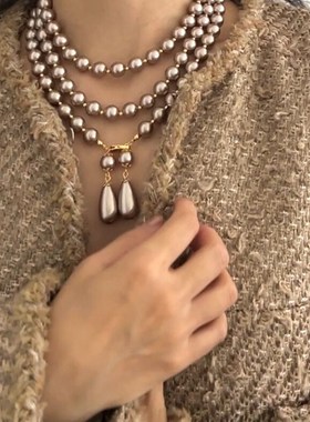 摇儿绕  请收下这份浪漫的珍珠项链香槟色复古法式时髦长款毛衣链