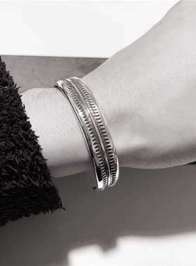 日式潮流饰品纯银锯齿轮手镯帅气开口简约男炫酷宽面个性手环复古