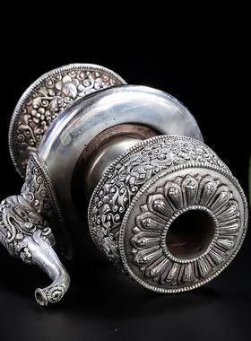 黄铜贲巴壶藏族特色家居摆件用品仿古做旧白铜雕花水壶供奉净水壶