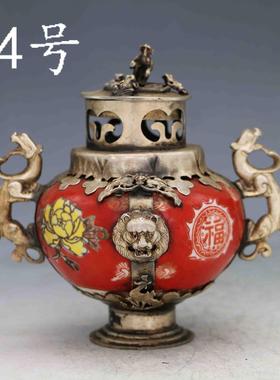 仿古白铜包瓷香炉熏炉八仙狮头香熏炉摆件双龙檀香沉香炉收藏摆件