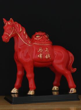 红色陶瓷马上有钱马摆件一对小众马上发财招财摆件客厅马年吉祥物