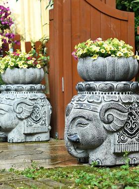 庭院造景布置大象摆件小院子别墅大门口两侧彷石墩酒店门口花盆