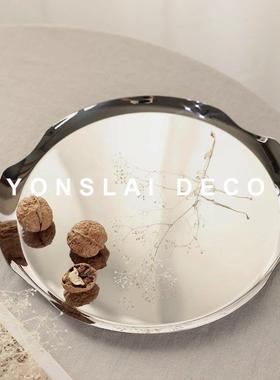 简约现代银色圆形不锈钢托盘摆件椭圆镜面金属样板间梳妆台收纳盘