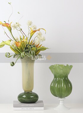 现代简约绿色玻璃花瓶插花样板间儿童房餐桌创意花器花艺软装摆件