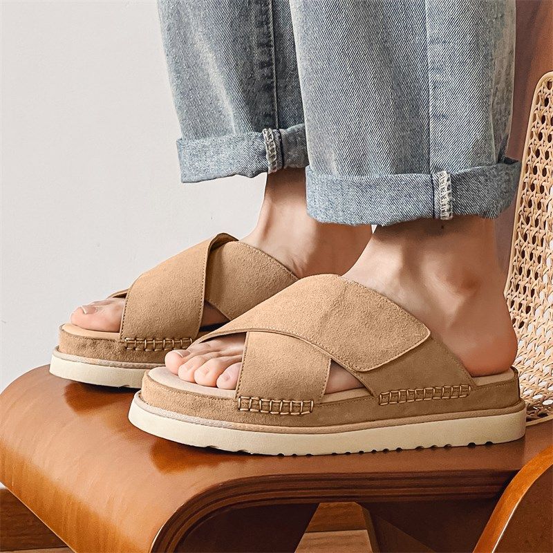 2024夏季新款交叉魔术贴拖鞋男士一字拖女休闲厚底一脚蹬凉拖真皮,淘宝优惠券,粉丝福利购,淘宝优惠卷