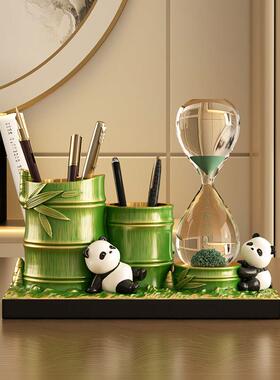 熊猫文创节节高升笔筒沙漏摆件办公室桌面装饰中国特色教师节礼物