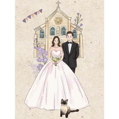 手绘请柬婚纱照婚礼网红人形立牌迎宾定制画头像情侣设计卡通约稿 - 图1