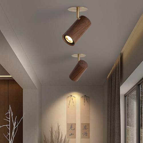 明装射灯胡桃木黄铜中式复古走廊过道客厅照画背景墙嵌入式LED灯 - 图0