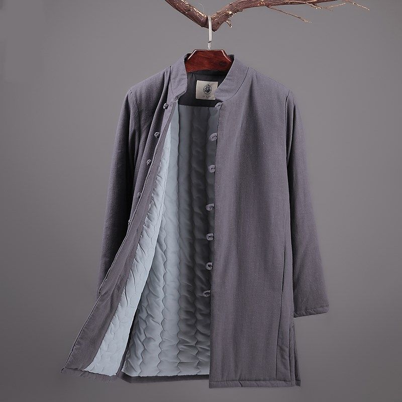 秋冬男士休闲中长款连帽棉衣棉袄青年中式复古盘扣纯色棉麻棉服,淘宝优惠券,粉丝福利购,淘宝优惠卷