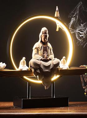 新中式禅意观音菩萨陶瓷工艺品佛像倒流香家用供奉灯摆件家居装饰