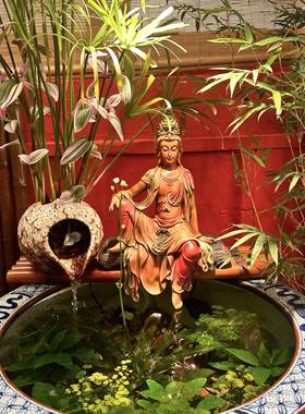 新中式家居水月自在观音菩萨客厅玄关茶室博古架鱼缸禅意佛像摆件