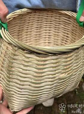 竹编采茶篓斜垮侧背采摘竹篓圆桶竹筐摘草莓樱桃采摘篮子竹背篓