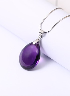 水晶紫水晶吊坠女紫晶项链深紫色水滴原石转运气质锁骨链送银链
