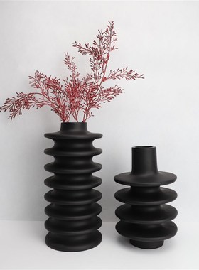 新中式黑色花器摆件样板房售楼部卧室书房客厅桌面Y玄关软装饰品