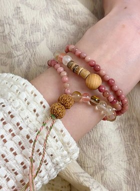 新中式多层叠戴红纹石木质串珠手链2024新款手串送女友闺蜜手饰