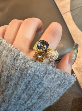 美拉德风高级感镶钻开口戒指个性夸张高级感小众设计感食指环戒子