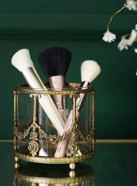 费灵家居欧式复古雕花黄铜玻璃收纳桶化妆刷笔筒桌面轻奢摆件进口