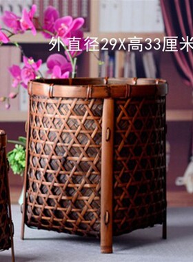 复古字画筐竹编收纳筐四脚手编双层编法竹筐卷轴缸传统中式收藏