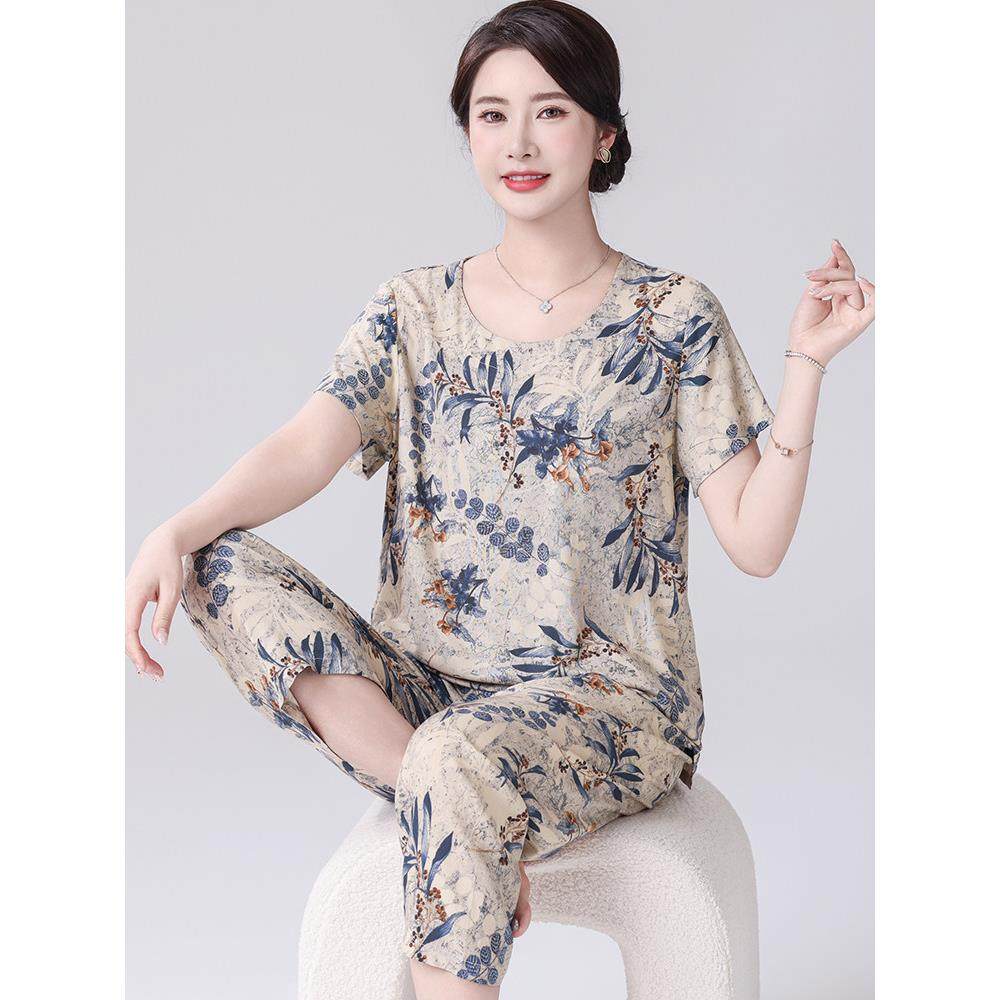 妈妈睡衣薄款新款女棉绸家居服套装中老年人短袖两件套夏季人造棉,淘宝优惠券,粉丝福利购,淘宝优惠卷