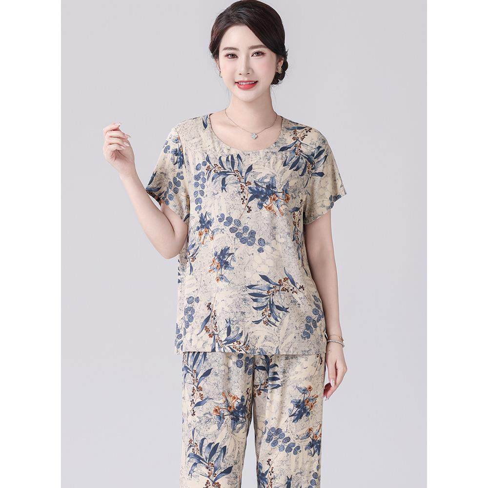 妈妈睡衣薄款新款女棉绸家居服套装中老年人短袖两件套夏季人造棉,淘宝优惠券,粉丝福利购,淘宝优惠卷