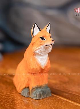 创意红狐木雕摆件家居工艺饰品纯手工实木九尾狐节日生日礼物道具