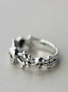 小张的故事简约S925q纯银饰品个性骷髅头开口戒指男女情侣款指环