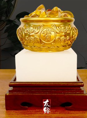 纯黄铜实心招财中式聚宝盆汉白玉实木底座客厅家居店铺工艺品摆件