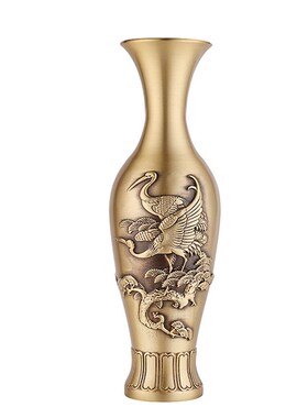 黄铜仙鹤花瓶客厅创意铜摆件干花插花器仿古供佛大号花瓶厂家批发