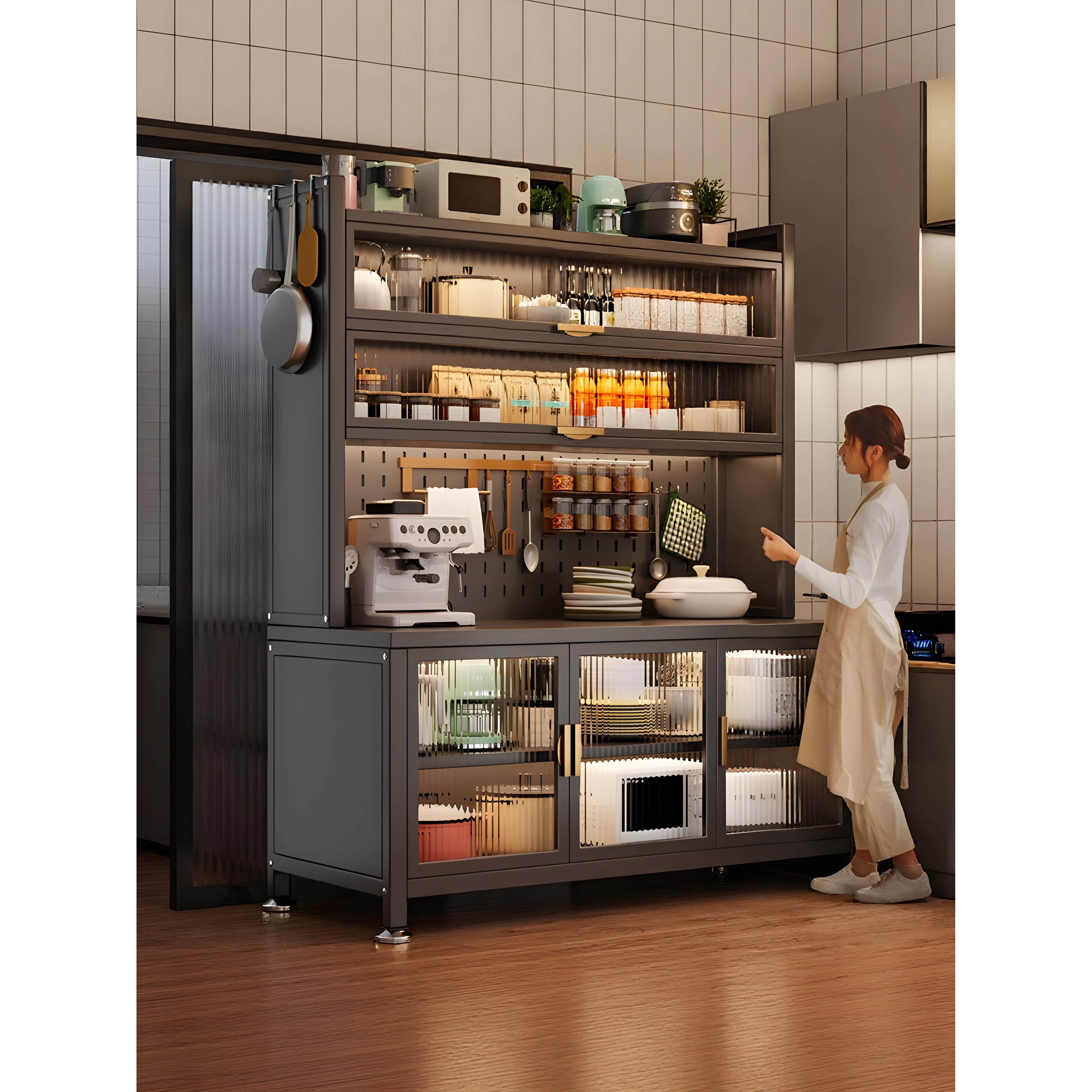 家用厨房置物架钢制多层微波炉碗柜餐边柜多功能落地防尘防晒橱柜,淘宝优惠券,粉丝福利购,淘宝优惠卷