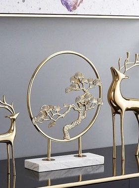 新中式铜鹿屏风摆件入户玄关招财家居乔迁礼物天然大理石精致饰品