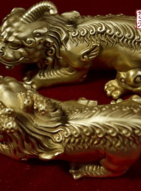 纯黄铜招财貔貅摆件男士配珠转运送礼车摆长辈皮丘公母一对手把件