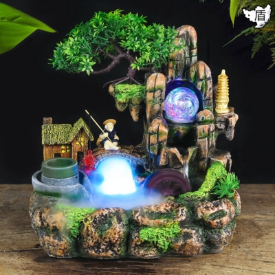 办公桌上放的摆件鱼缸客厅假山流水喷F泉摆件家居装饰品办公室鱼