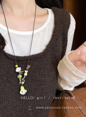 童趣陶瓷小狗吊坠项炼女款小猫挂件毛衣炼可爱小众设计百搭锁骨炼